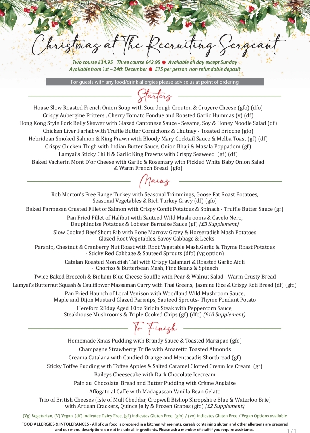 Recruiting Sergeant Christmas Menu 2026